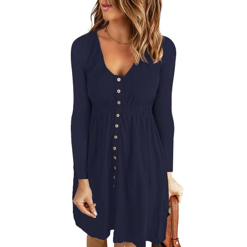 Women Dress Long Sleeve V-Neck Button Tunic Mid Dress Fashion Loose Solid  Knee-length Dress for Daily Office,Party