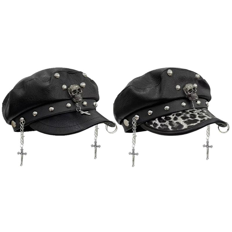 2000s Punk Rivet Studded Cricket Cap With Skull Crossed Decor Beret Hat For Women Western Theme Party Casual Outfit Accessory