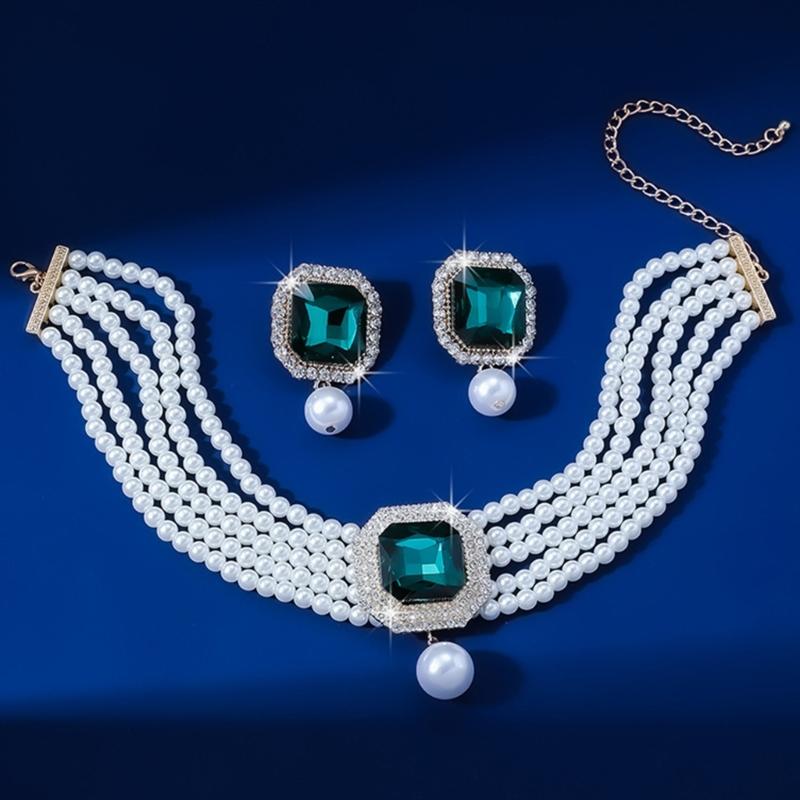Pack Of 1 Set Elegant Multilayer Faux Pearls And Geometric Crystal Necklace and Earrings Set For Women Lady