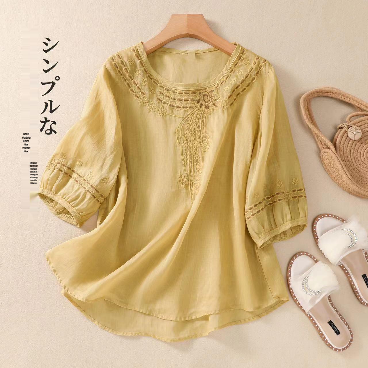 

2025 Retro Cotton Linen Embroidered Short Sleeve Chinese Style Plus Size Loose Top for Women L жёлтый