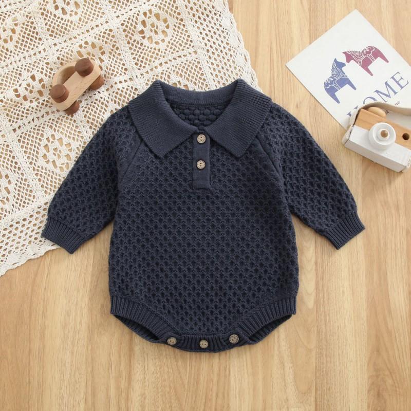 Baby Cotton Knit Polo Neck Romper With Snap Crotch Long Sleeve Toddler Boys Winter