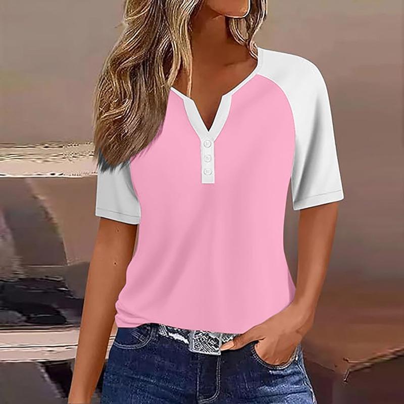 

Женская футболка-henley с цветовыми блоками, V-образным вырезом, повседневная, с коротким рукавом, контрастного цвета, летняя S розовый