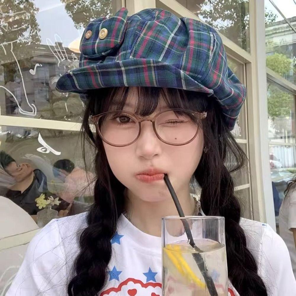 Korean Style Plaid Cloud Berets Sun Protection Octagonal Caps Retro Newsboy Cap  Female