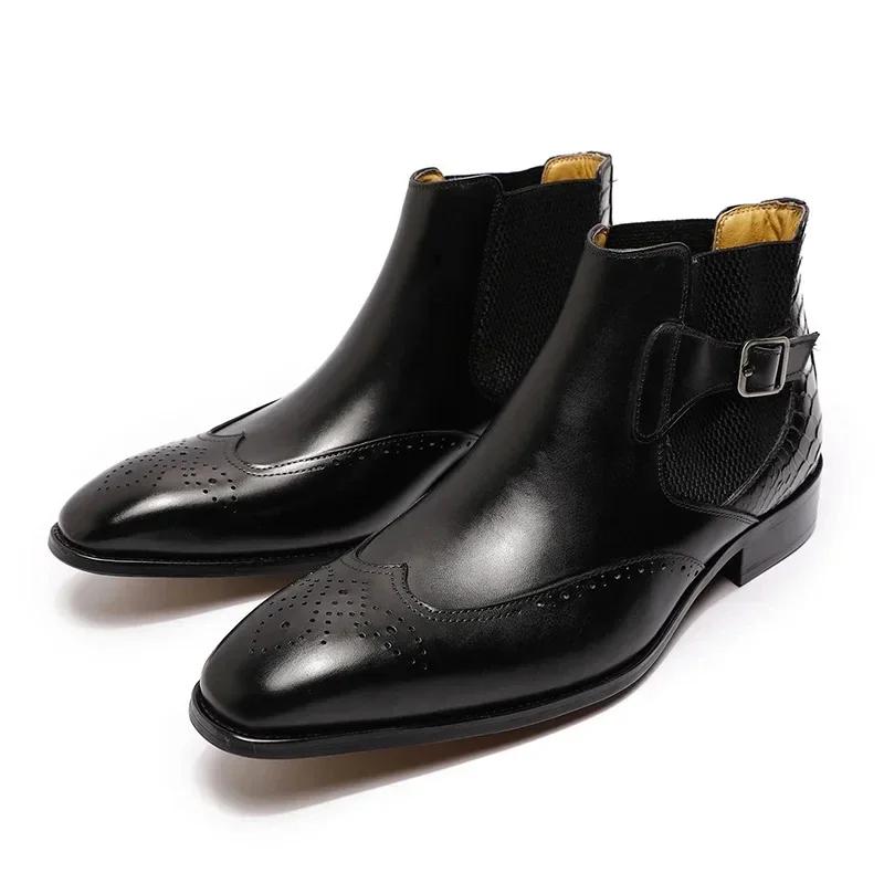 Men's Vintage Chelsea Ankle Boots Handmade Genuine Leather High Top Slip-On Brogue Dress Shoes Warm Winter Footwear