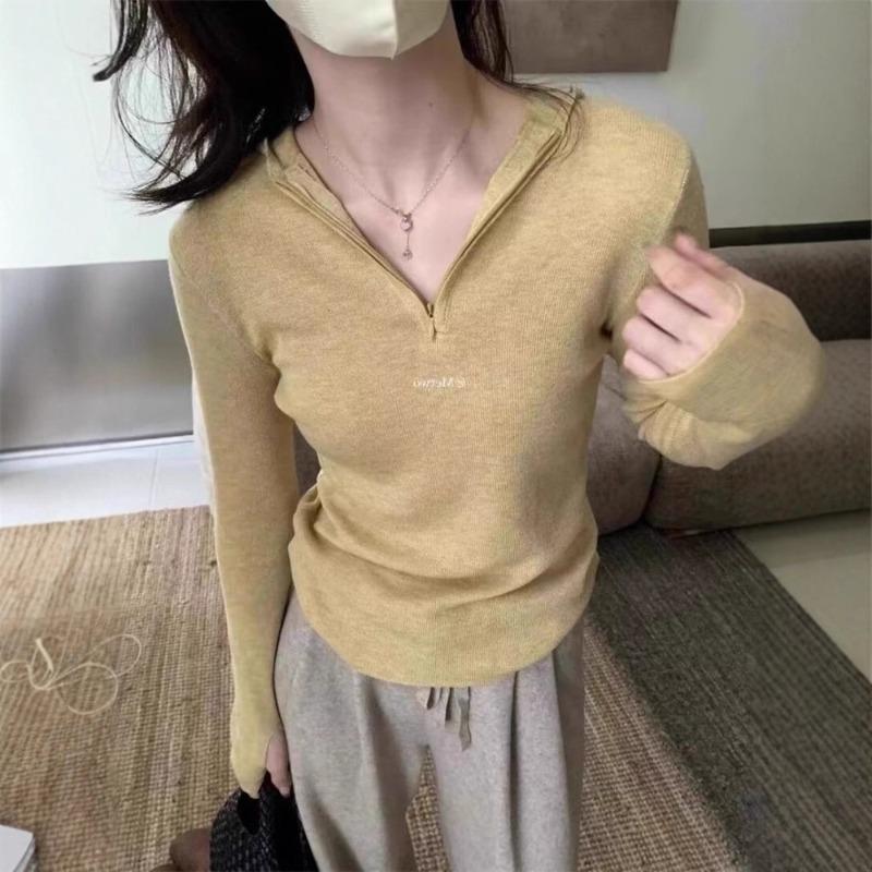 Half-zipper hooded bottomed knitted sweater for women's autumn and winter, long-sleeved sweater and slim-fit top