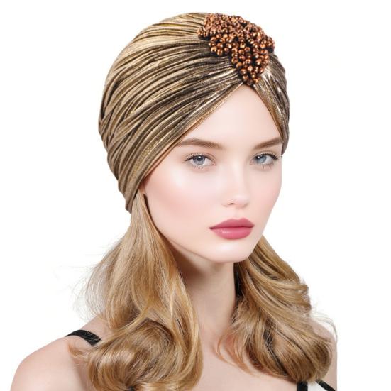 Damer Topphatt Rombus Rhinestones Dekor Plissert Turbanhatt Gullbelagt Pyntet Hatt Elastisk Design Hodeplagg