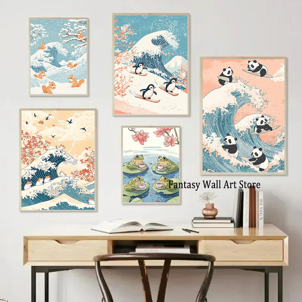 Retro Japanese Cartoons Animals Illustration Poster Wave Panda Cat Penguin Cute Animals Prints Kids Room Nursery Room Canvas Art