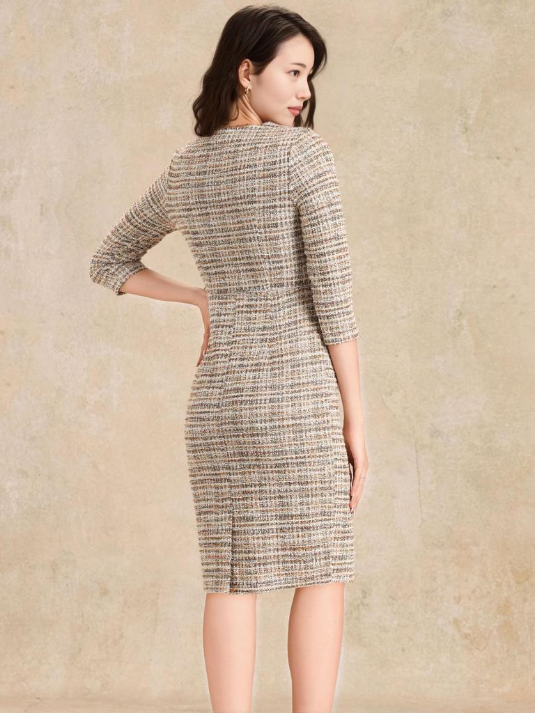 Allegra K Women's Checked Tweed Bodycon Dress, 3/4 Sleeves, Elegant Work Dress, Yellow and White, Size S