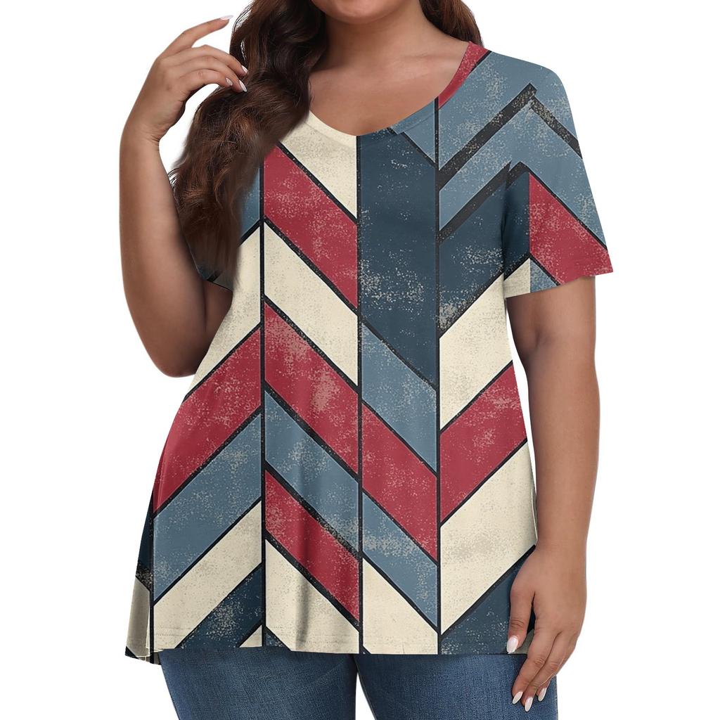 Women's Fashion Casual V-Neck Pullover Short Sleeve Large Size Vintage Printed Top