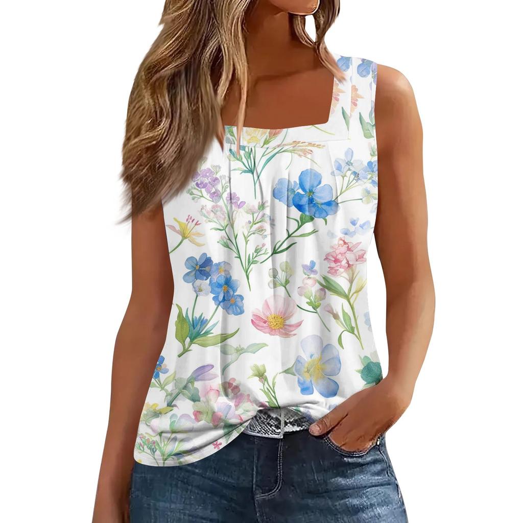 Women's Fashion Casual Pleated Square Collar Sleeveless Vest Print Summer T-shirt
