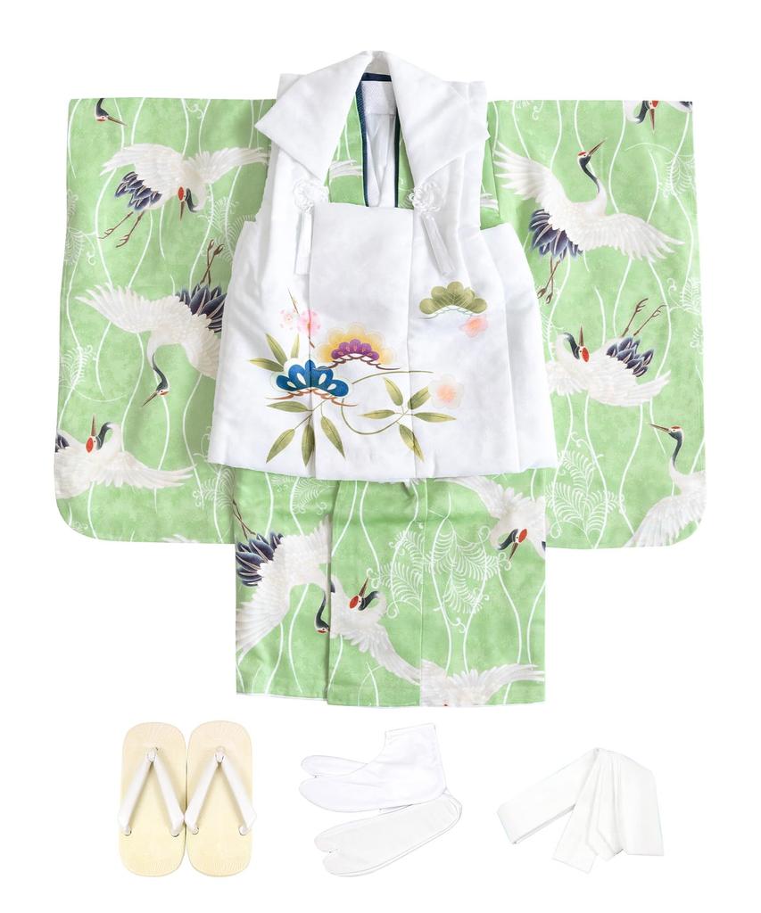 Shichigosan Kimono Set for Boys Years Includes Hifu Green [KYOETSU] (3 Old), (Clothing Cloth) (6. Cranes, 90-100cm)