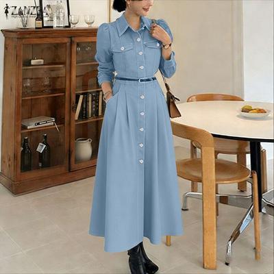 Women Casual Turn Down Collar Long Sleeve Loose Dress