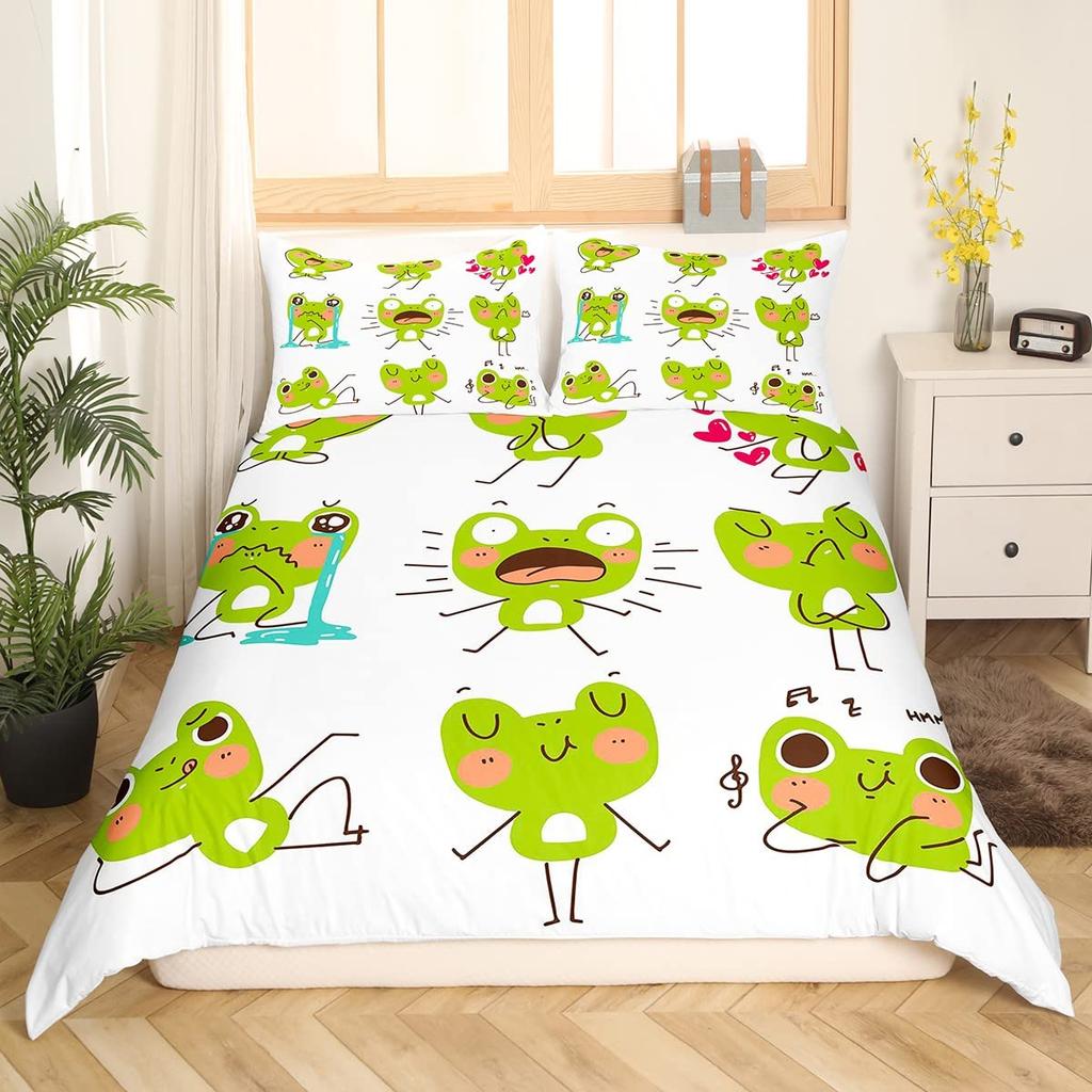 Frog Duvet Cover Cartoon Frog Bedding Set Full Size Cover Set for Women Teens Boys Kids Girls Gift Bedroom Decoration Queen Size