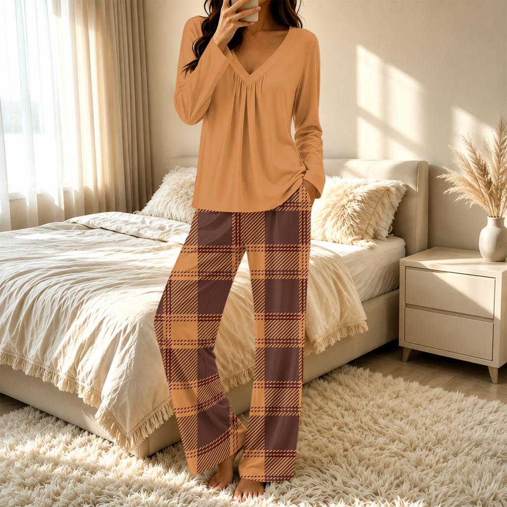 Women's Casual V-Neck Printed Pajama Set Loose Fit Sleepwear for Home