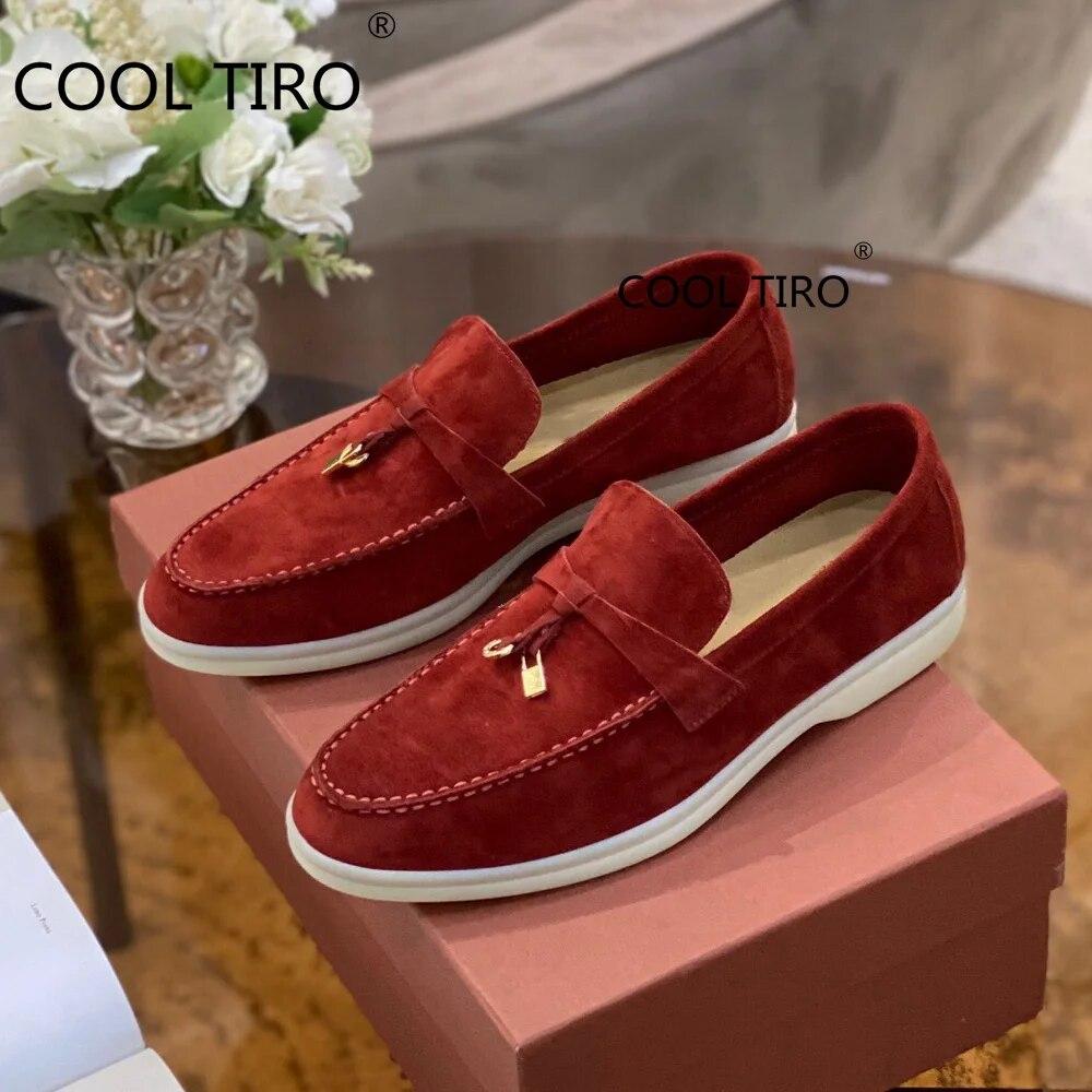 Woman Flat Shoes Slip On Women Loafers Leather Metal Lock Blue Suede Moccasins Mules Casual Driving Shoe Summer Walk Shoes Femme