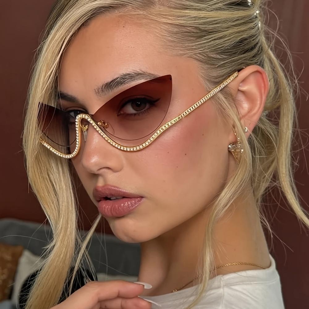 Sweet Edgy Rhinestone Gradient Cat-Eye Decorative Glasses Thin Metal Frame Irregular CutStylish Photo-Ready Eyewear for Outfits