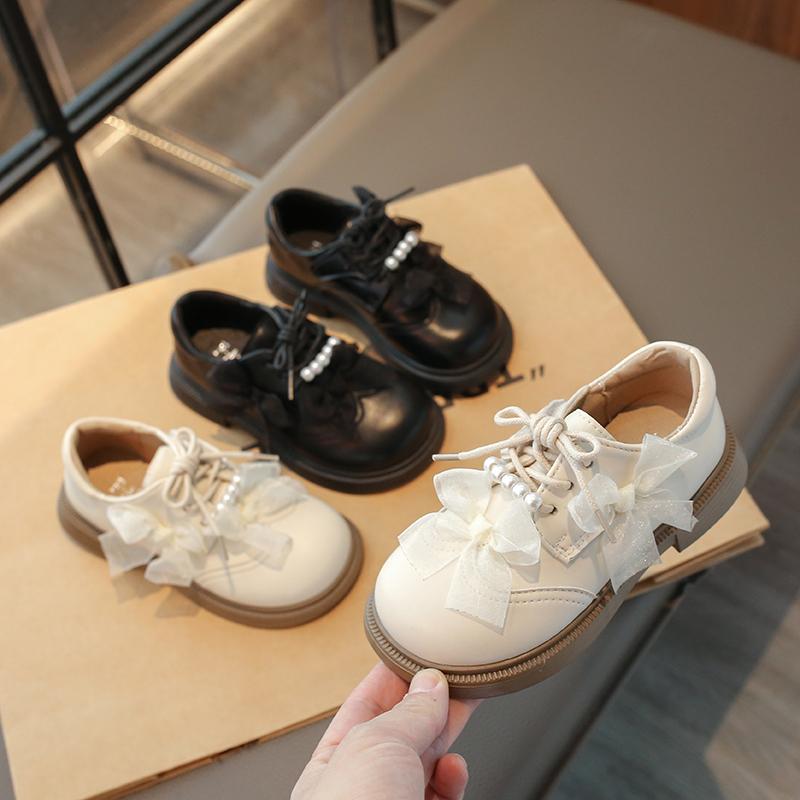 Girls Leather Shoes Round Toes Soft Sole Kids Princess Shoes Mesh Lace Bow 2025 New Girls Flats Black Matte Dance Performance