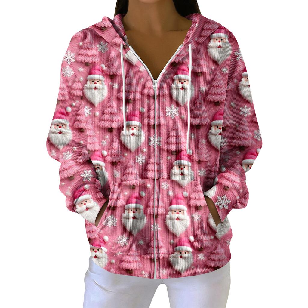 Women's Casual Fashion Long-Sleeved Zip-Up Christmas Print Knitted Hoodie