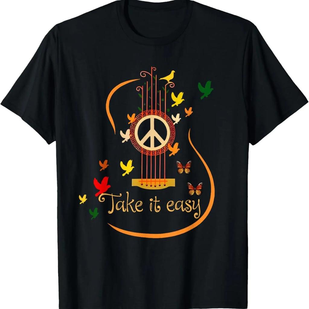 Take It Easy Guitar Peace Zeichen Hippie T Shirt Vintage Designer Clothes Casual Stretched Versatile