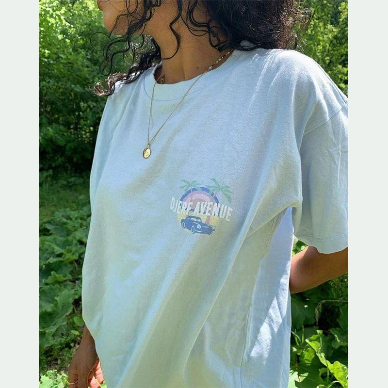 American vintage Ins Niche Design Sense Coconut Tree Rainbow Letters Print Light Blue Pure Cotton Short sleeve T-shirt Women