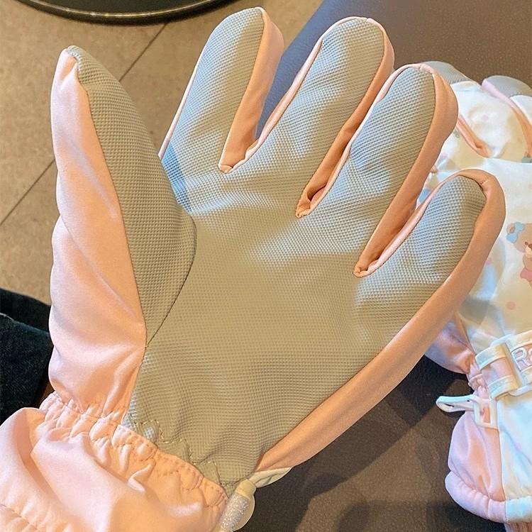 Cute Pink Bear Ski Gloves for Women Winter Touch Screen Plus Velvet Waterproof Warm Windproof Cycling Outdoor