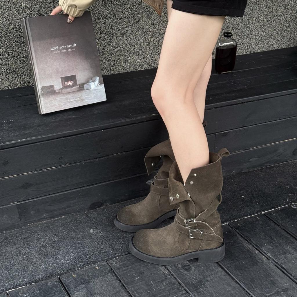 2025 new retro matte two-wear short boots western cowboy boots women's autumn and winter new flat-bottomed round-head Martin boots