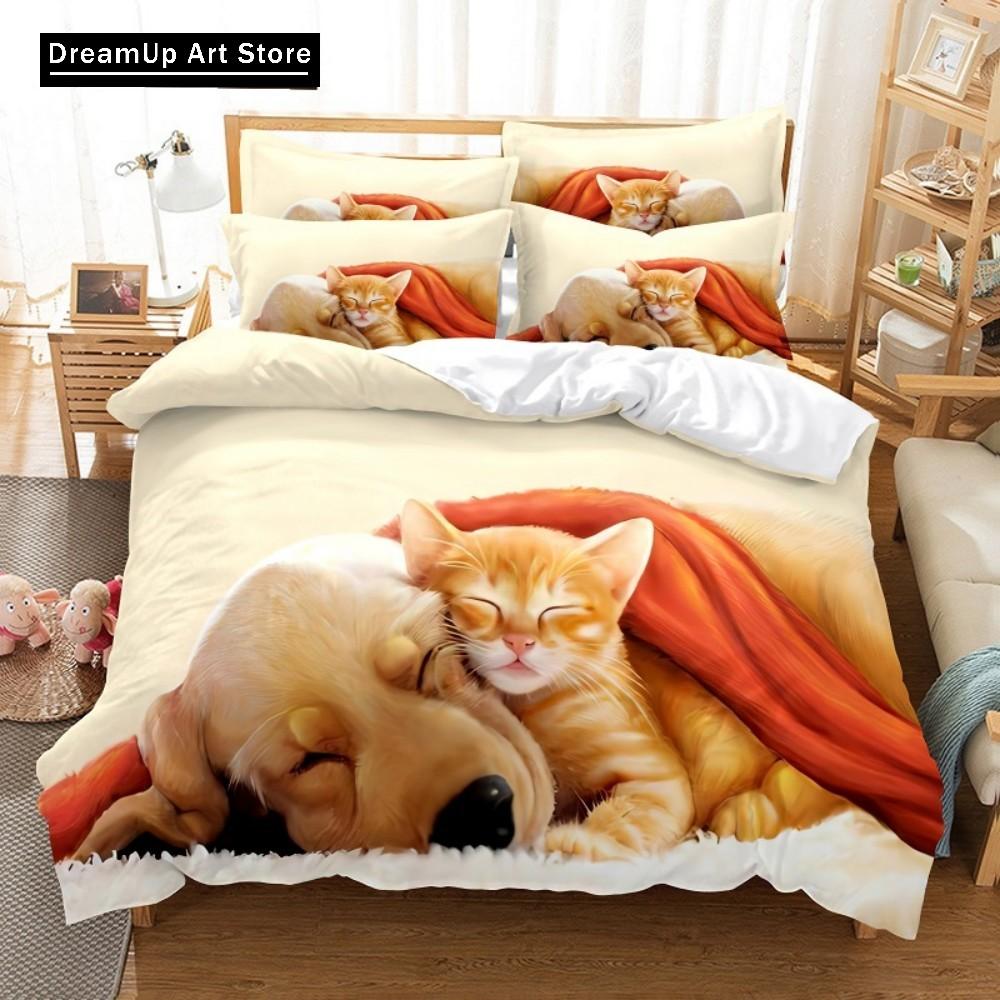 Cat And Dog Duvet Cover Set 3D Print Cute Animal Theme Bedding Set Bed Set Quilt Cover Pillowcase Twin Single Queen King Size