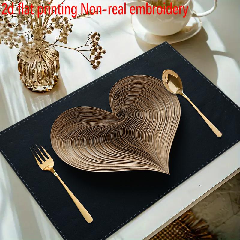 2D Flat Heart Shaped Placemats Set of 4 Black Gold Modern Table Mats for Romantic Dinner Date Night Decor