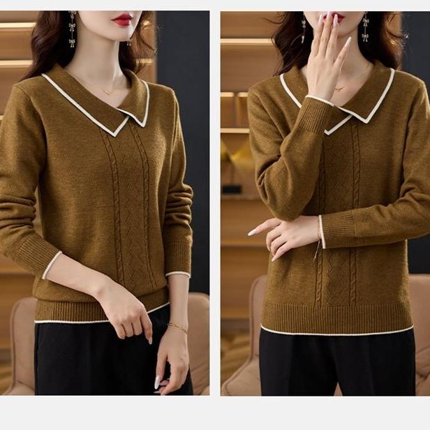Women's V Neck Sweater Solid Color Slim Knit Pullover Sweater Autumn Winter