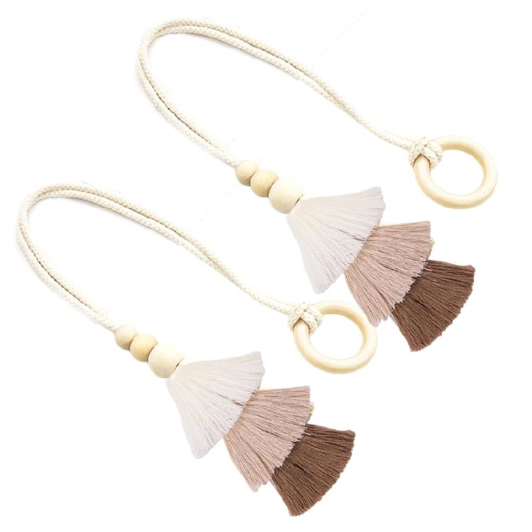 2 Pack Cotton Rope Curtain Holdbacks Ties Decorative Drapery Clip With Fringe and Wooden Beads for Living Room Decors
