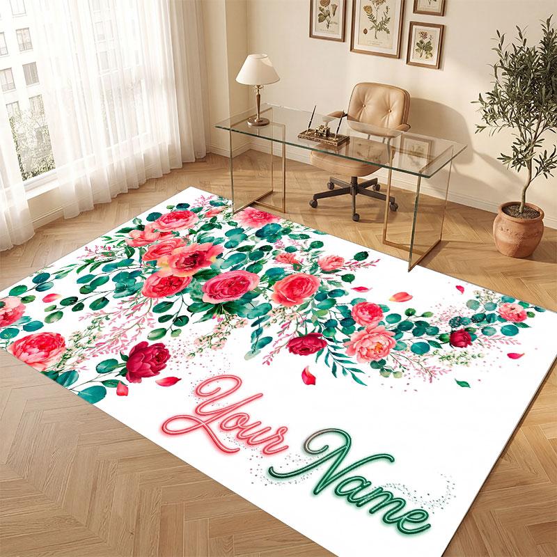 Floral Garden Theme Crystal Velvet Floor Rug Personalized Custom Name Text Warm Carpet Home Decoration