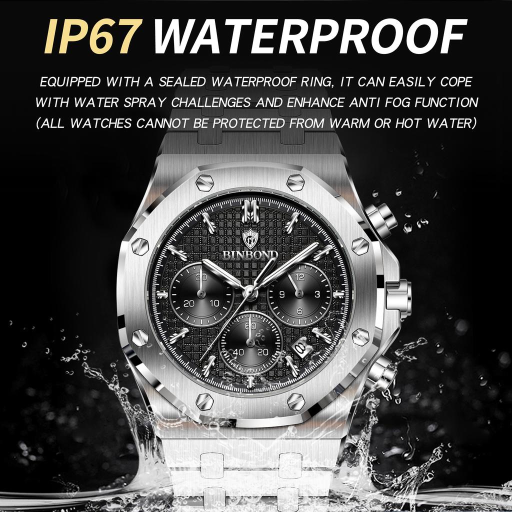BINBOND Original Precise Quartz Watches For Men Chnorograph Luminous Waterproof Stainless Steel Luxury Relojios Para Hommes