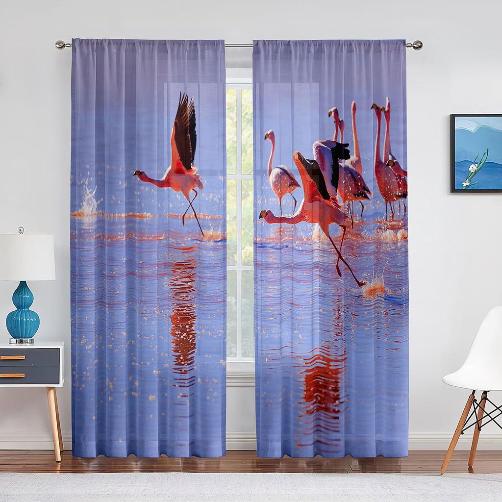 Rote Flamingos Kirschblüten Mond Tüll Vorhänge für Wohnzimmer Schlafzimmer Dekor Chiffon Transparent Voile Vorhang Küchenfenster Vorhänge