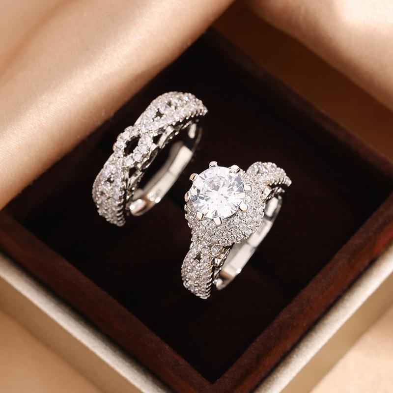 925 Stamp Trendy Wedding Rings for Women New Fashion Design 2Pcs AAA Cubic Zirconia Rings Engagement Bands Party Sets Jewelry
