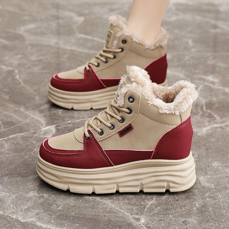 Soft leather high-top shoes women's platform white shoes autumn and winter new velvet thickened warm cotton shoes casual sports shoes