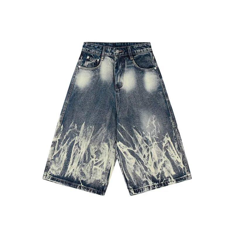 

JYL Unisex Cropped Jeans American Tie-Dye Lightning Vintage Niche Loose Wide-Leg Denim 3XL бездна