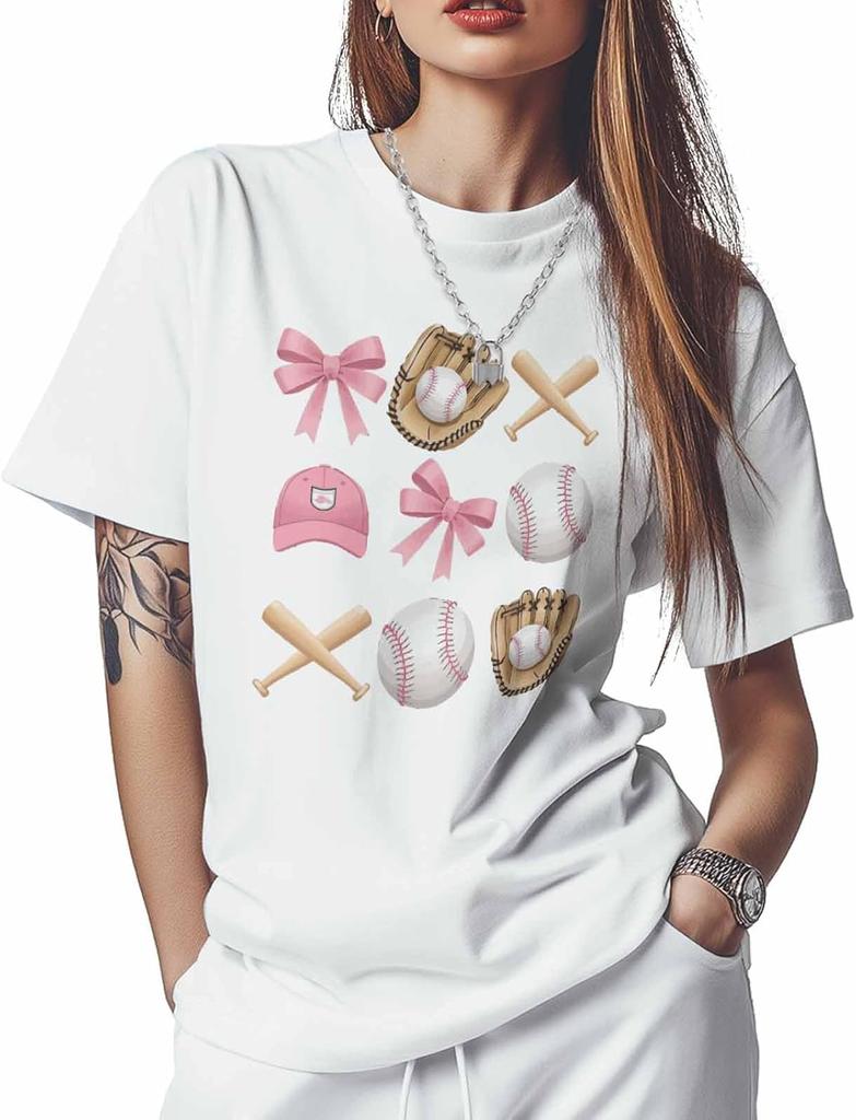 T Shirts for Women Graphic Tees Pink Bow Crew Neck Short Sleeve Shirts for Women Baseball Sport Casual T-Shirt