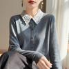 Lace Collar Color Block Patchwork Wool Knit Slim Fit Cardigan for Autumn/Winter