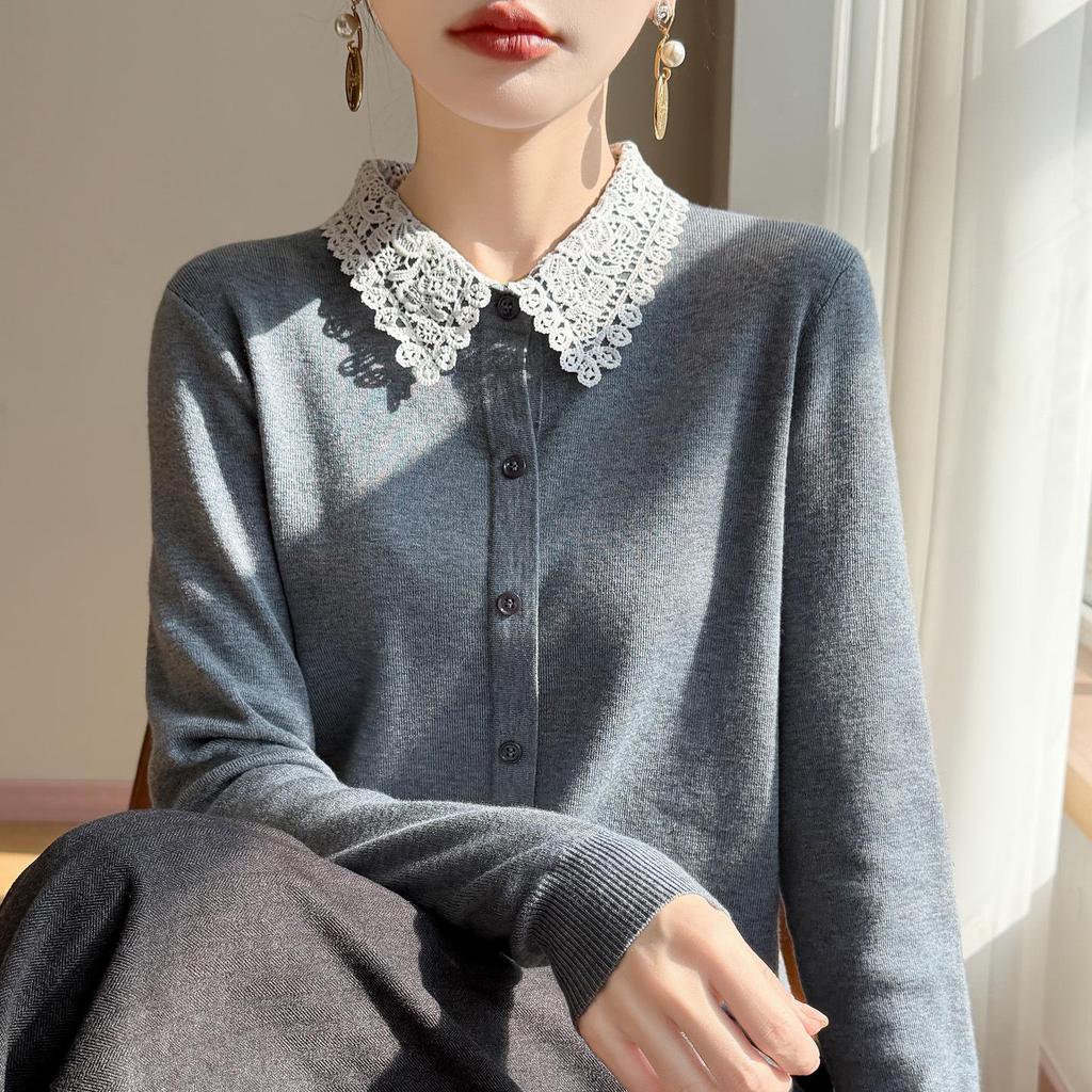 Lace Collar Color Block Patchwork Wool Knit Slim Fit Cardigan for Autumn/Winter