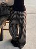 Women's Black and White Striped Knit Pants, Loose Fit, Straight Wide Leg, Casual Silver Ring Detail, Spring Style