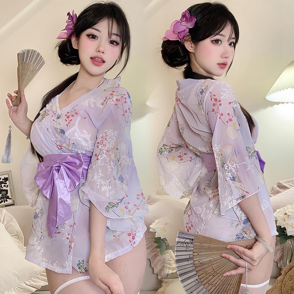 Sexy Yukata Cosplay Kimono Japanese Style Lingerie 4 Piece Set Bra Gown T One Size Fits Most Cosplay Costume Babydoll Cute Open Front Cute Japanese