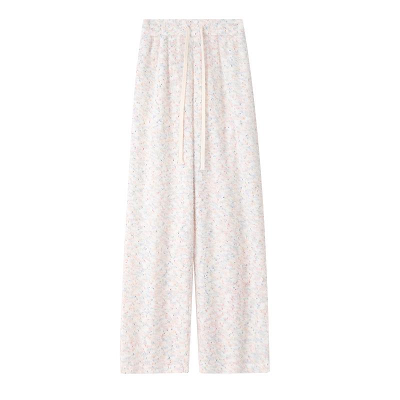 Women's Fleece-Lined Rainbow Sticky Rice Wide-Leg Pants: Warm High-Waist Casual Knitted Trousers for Autumn Winter