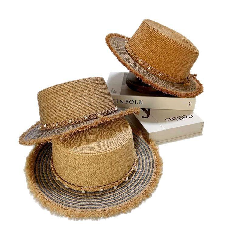 Delle Ethnic Style Raffia Flat Top Hat Women'S Outdoor Travel Sunscreen Sunshade Burr Straw Hat