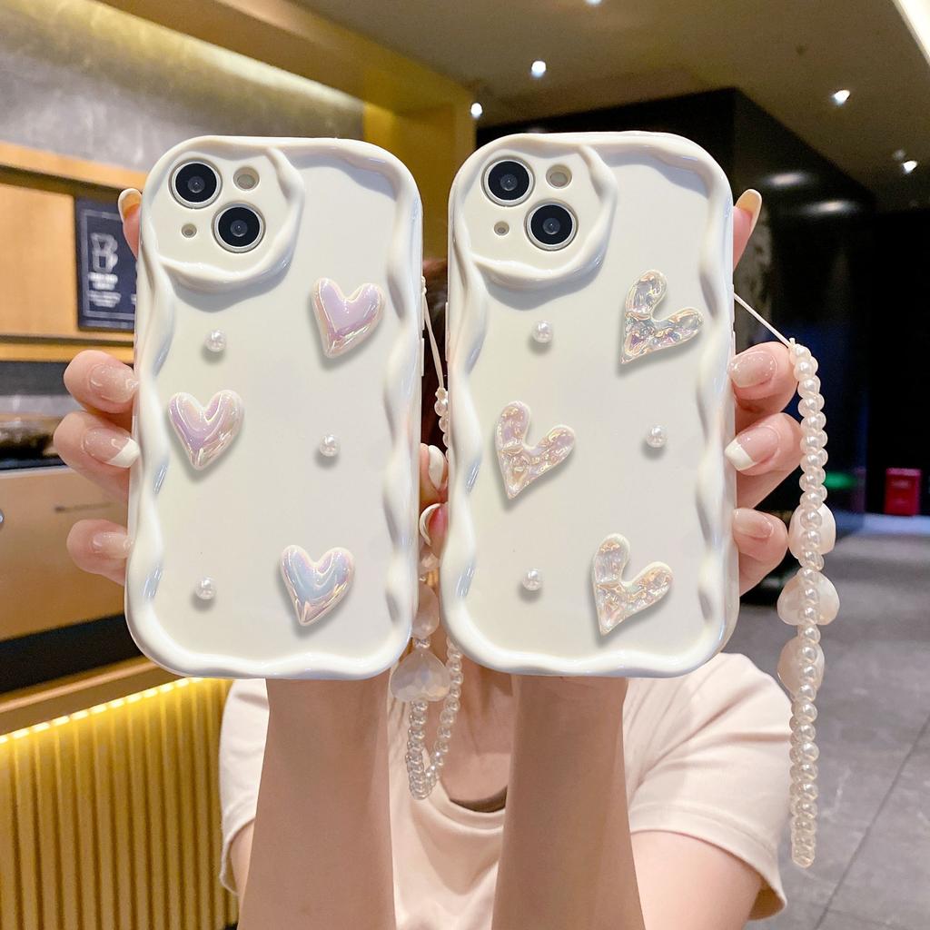 Three Dimensional Waves Suitable for IPhone14pro White Love Pearl Mobile Phone Chain Apple 15 16pro Mobile Phone Case