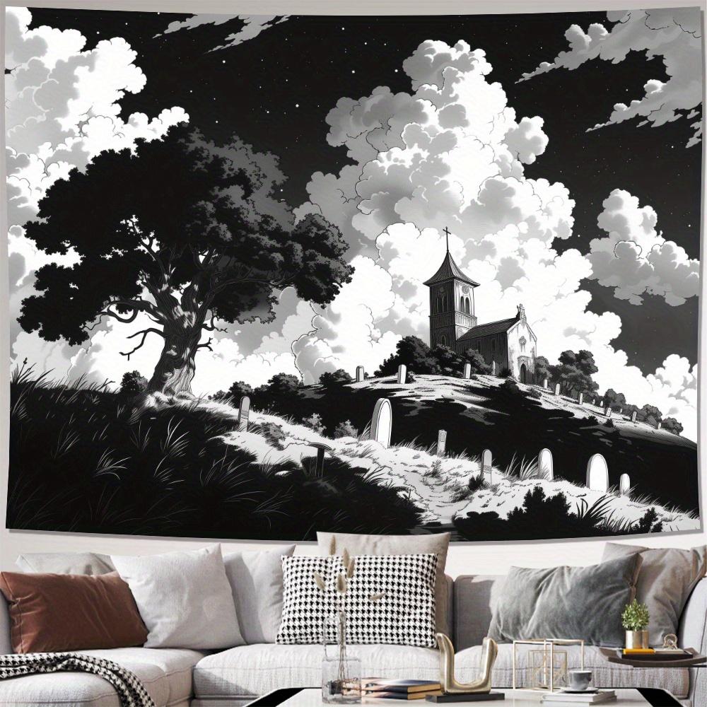 Large Gothic Church Tapestry 150x300cm Black and White Dramatic Forest Scene Moody Halloween Witchy Wall Decor Art
