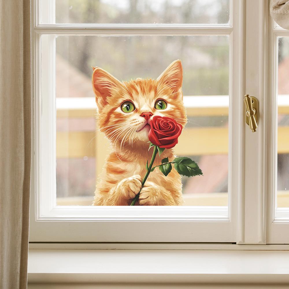 Chat Orange Mignon Roses Balcon Fenêtres en Verre Fond Maison Embellissement Autocollants de Fenêtre