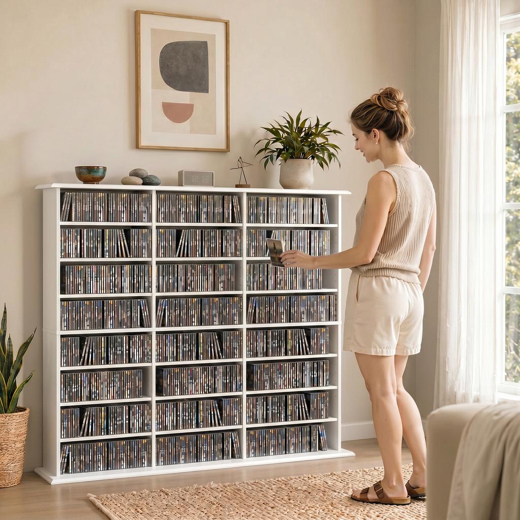 Multimedia Storage Shelf for 1032 CDs / 594 DVDs, 24 Compartments, 18 Adjustable Shelves, White