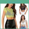 Mesh Sheer Sexy Crop Tops Oneck Short Sleeve Slim Fit Solid Color Perspective Short Top