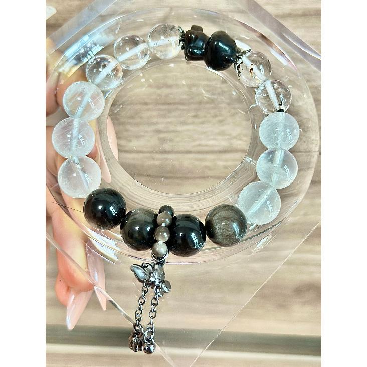 Natural Five Elements Multi-Gemstone White Crystal, Amethyst, Green Phantom Quartz, Strawberry Quartz Multi-Gemstone Single-Strand Bracelet for