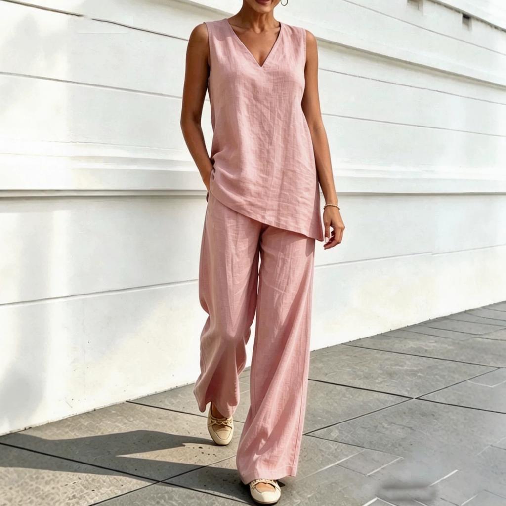European and American Women's Casual V-neck Sleeveless Bamboo Hemp Top and Wide-leg Pants Two-piece Set